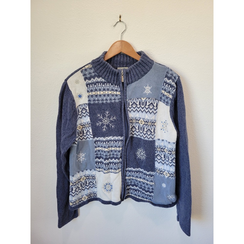 Vintage Classic Elements Patchwork Fair Isle Snowflake Zip Cardigan L Nordic